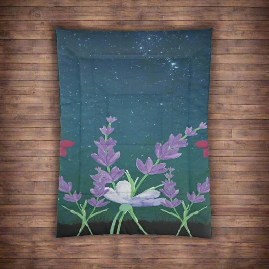 Floral design on a teal blue background with stars shown on a dark wood background