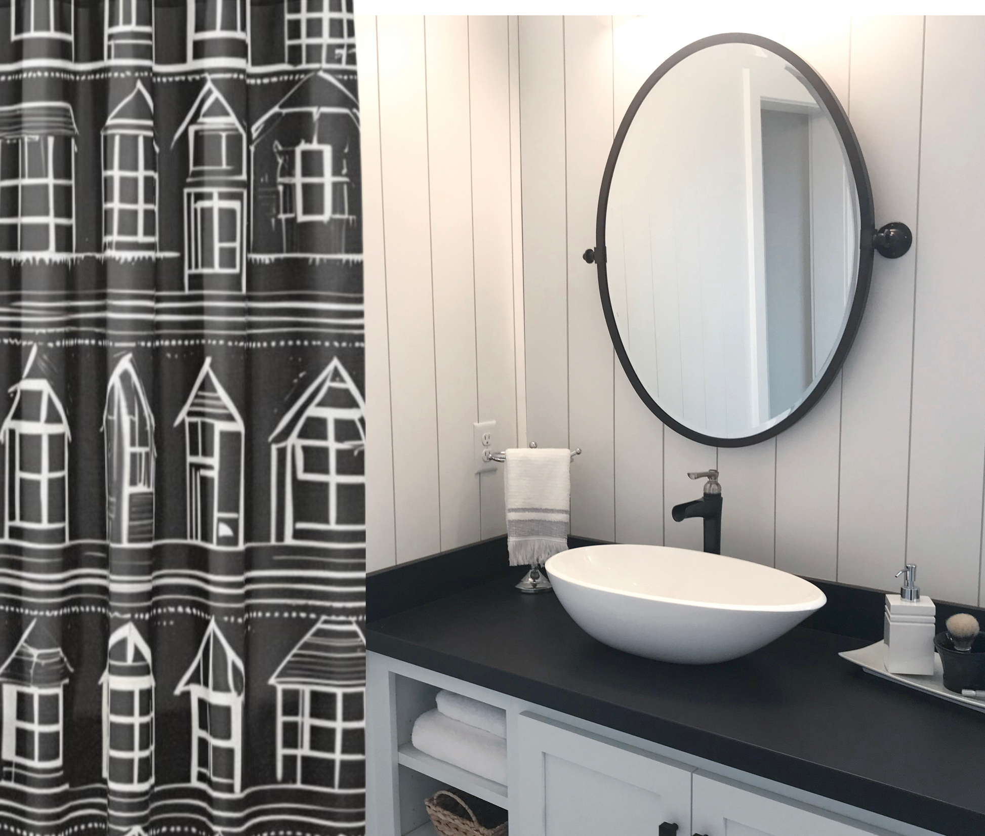 Home Sweet Home Shower Curtain shown in a black and white bathroom.