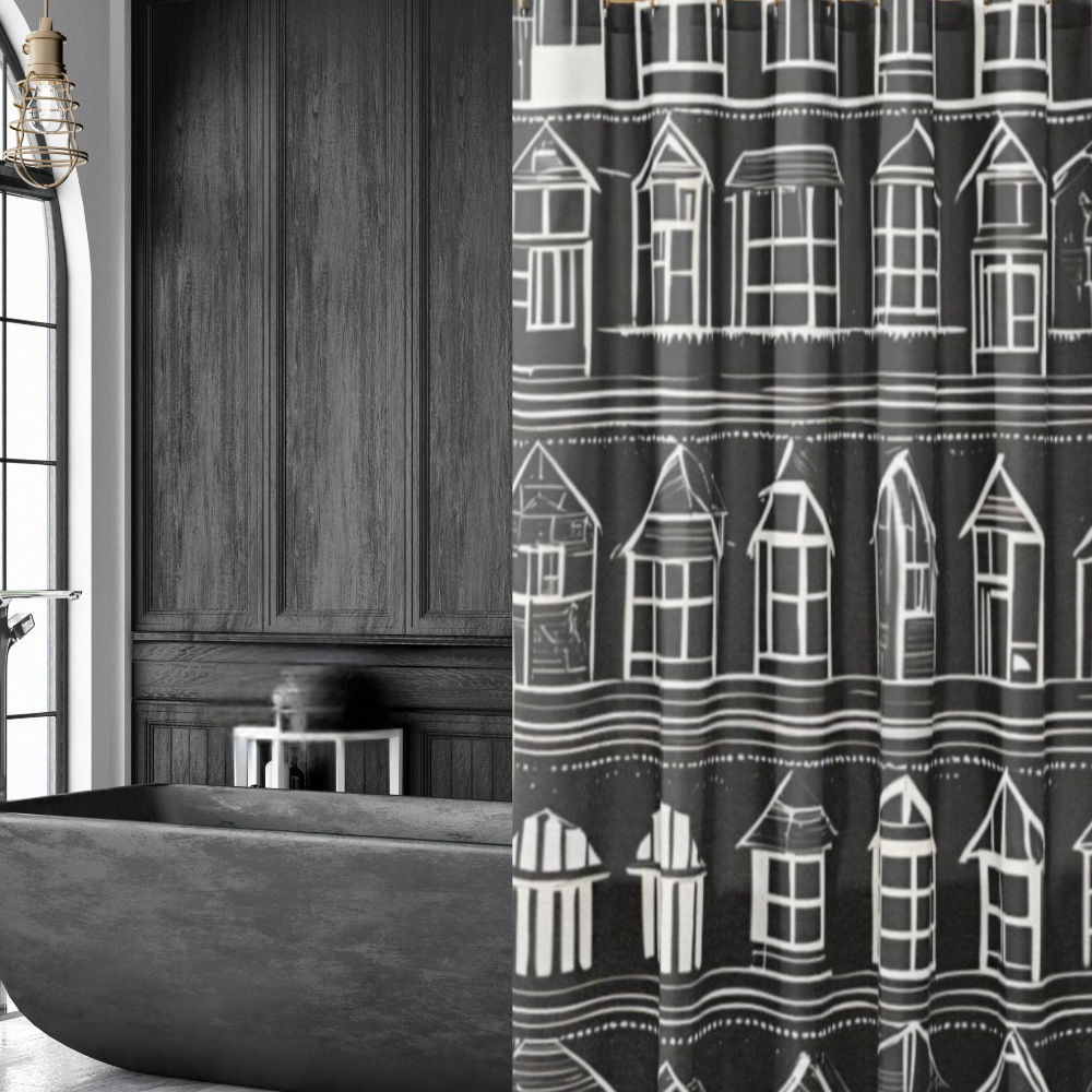 A black shower curtain with rows of white houses shown in a moody, dark bathroom