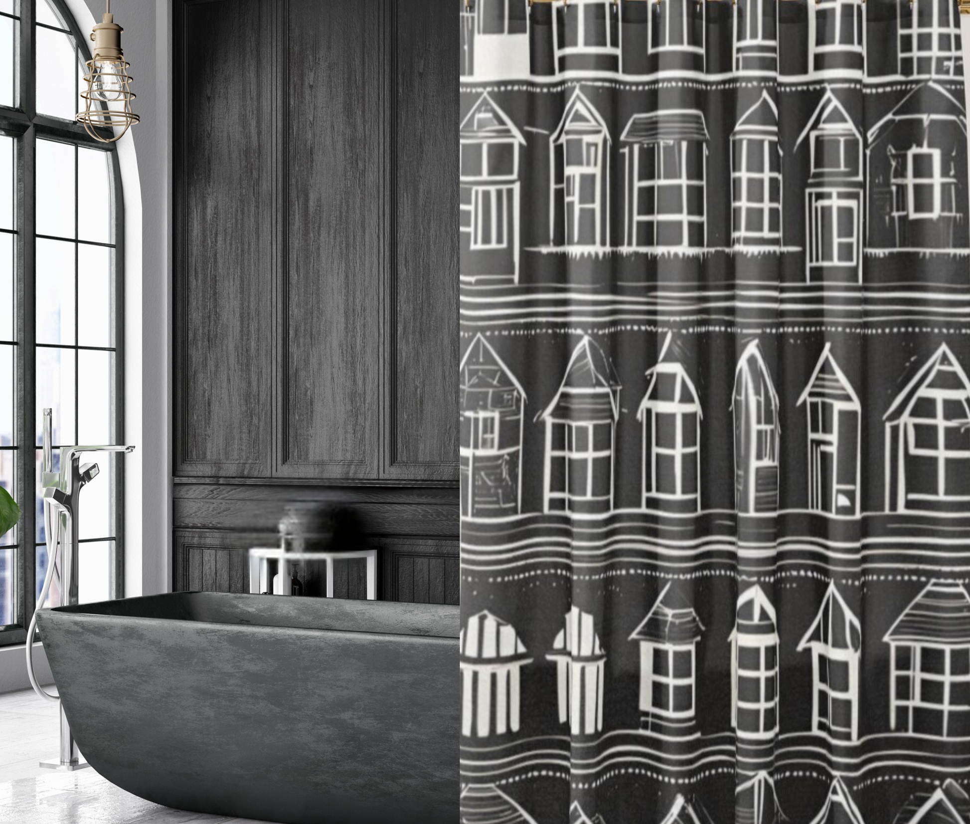 A black shower curtain with rows of white houses shown in a moody, dark bathroom