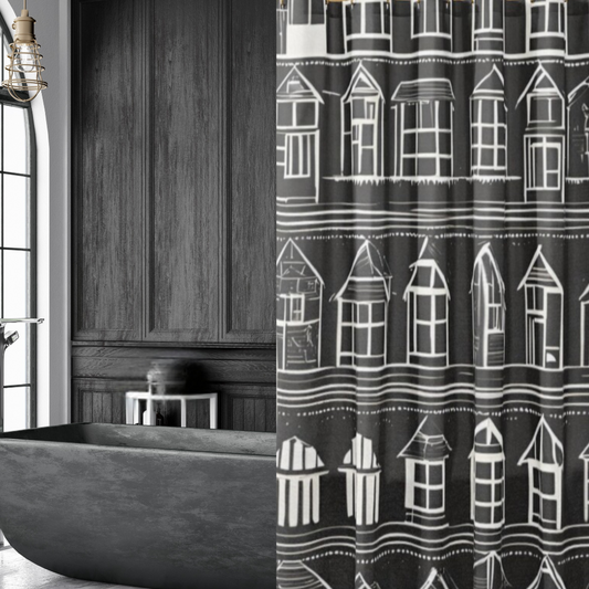 A black shower curtain with rows of white houses shown in a moody, dark bathroom