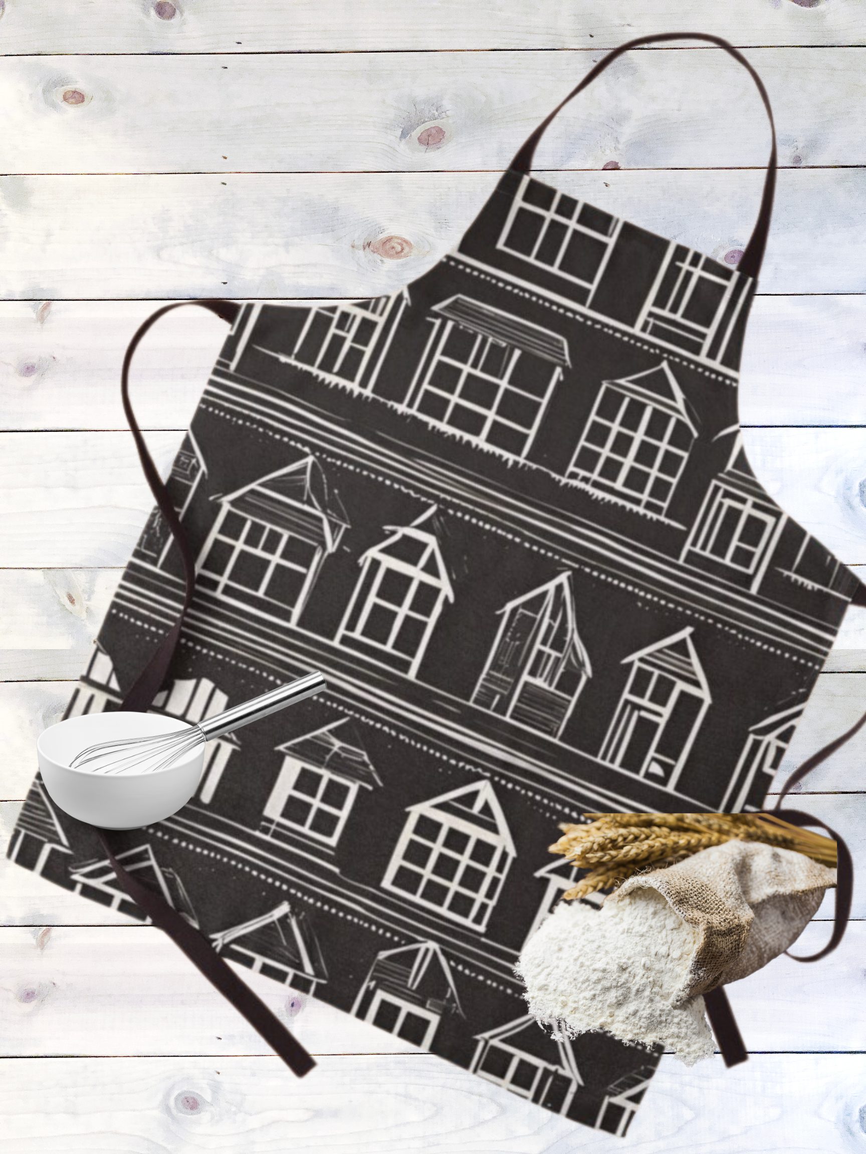 An apron featuring little white houses in rows on a black background.