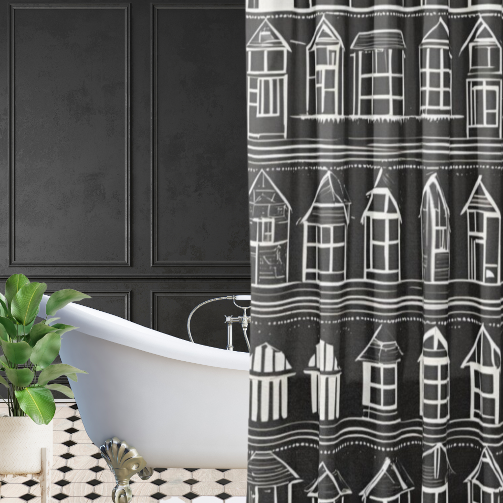 Black shower curtain with white houses shown in a luxe bathroom setting