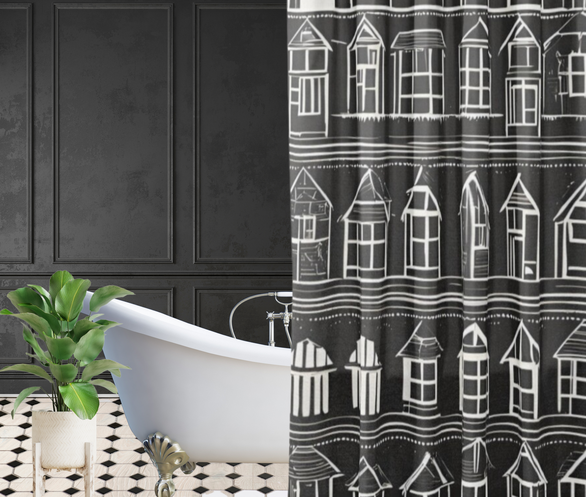 Black shower curtain with white houses shown in a bathroom setting