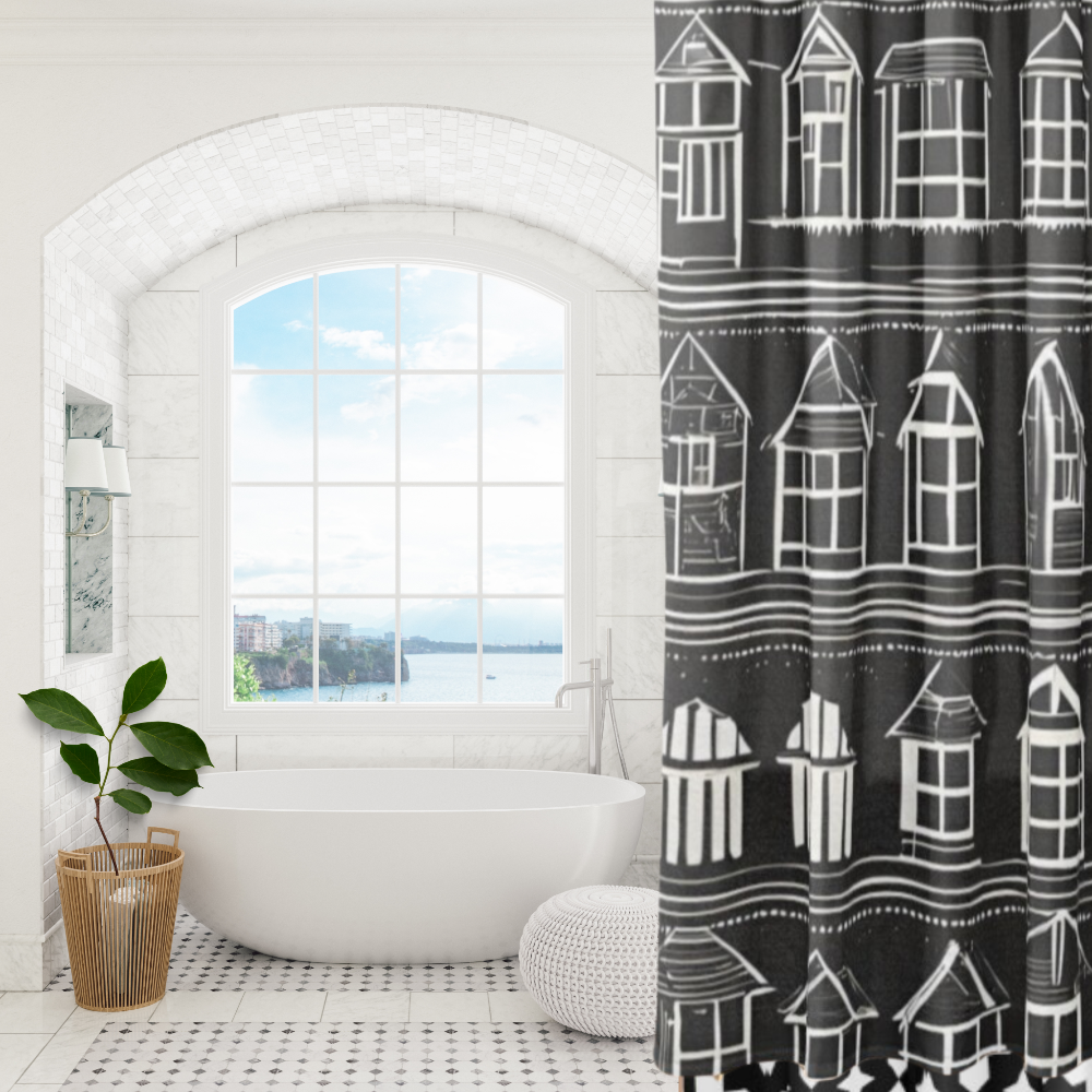 Black and white Home Sweet Home shower curtain featuring little white houses in rows on a black background in a beautiful white bathroom
