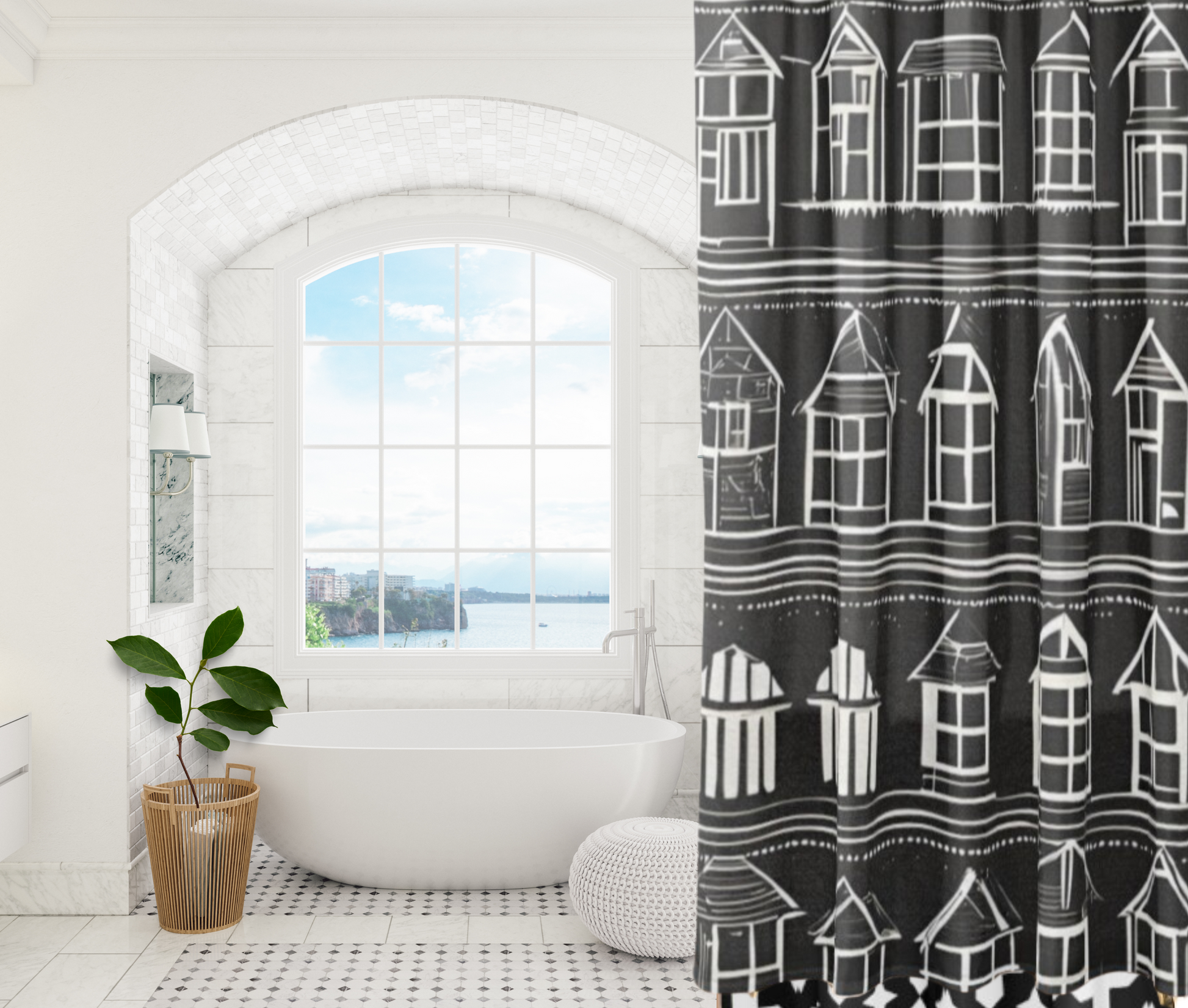 Black and white Hme Sweet Home shower curtain featuring little hite houses in rows on a black background in a beautiful white bathroom