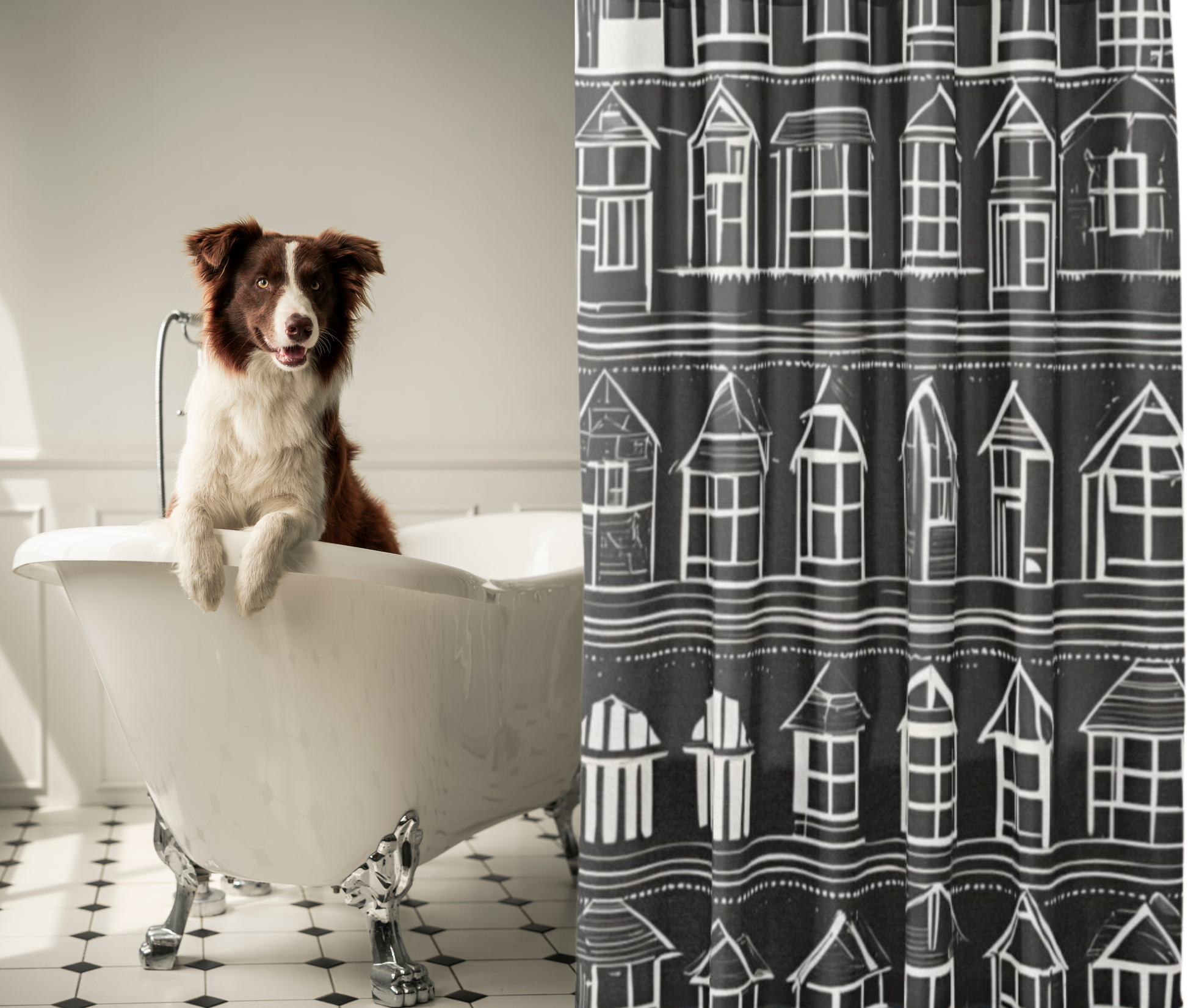 Modern farmhouse style black Shower curtain with rows of white houses shown with a dog in a tub