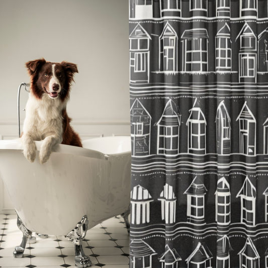 Modern farmhouse style black Shower curtain with rows of white houses shown with a dog in a tub
