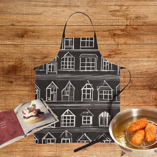 A black apron with rows of little white houses shown with kitchen items