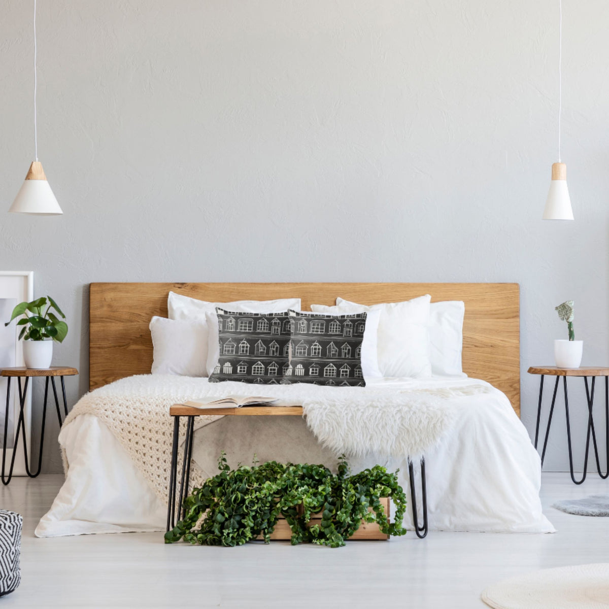 home sweet home pillow shown in a modern bedroom