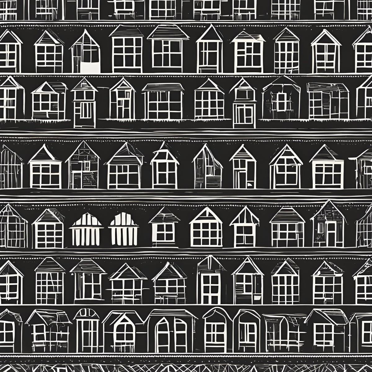 A repeating black-and-white pattern of hand-drawn house and window silhouettes arranged in horizontal rows on a dark background.