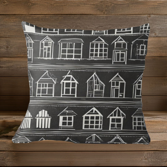 A square throw pillow with a black background and a white hand-drawn pattern of houses, displayed against a rustic brown wooden plank background.