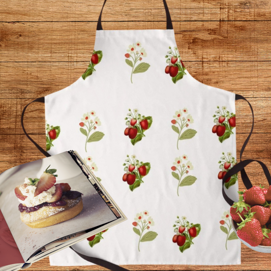 A Vintage inspired strawberry print apron on a wood background with a bowl of berries and a cookbook