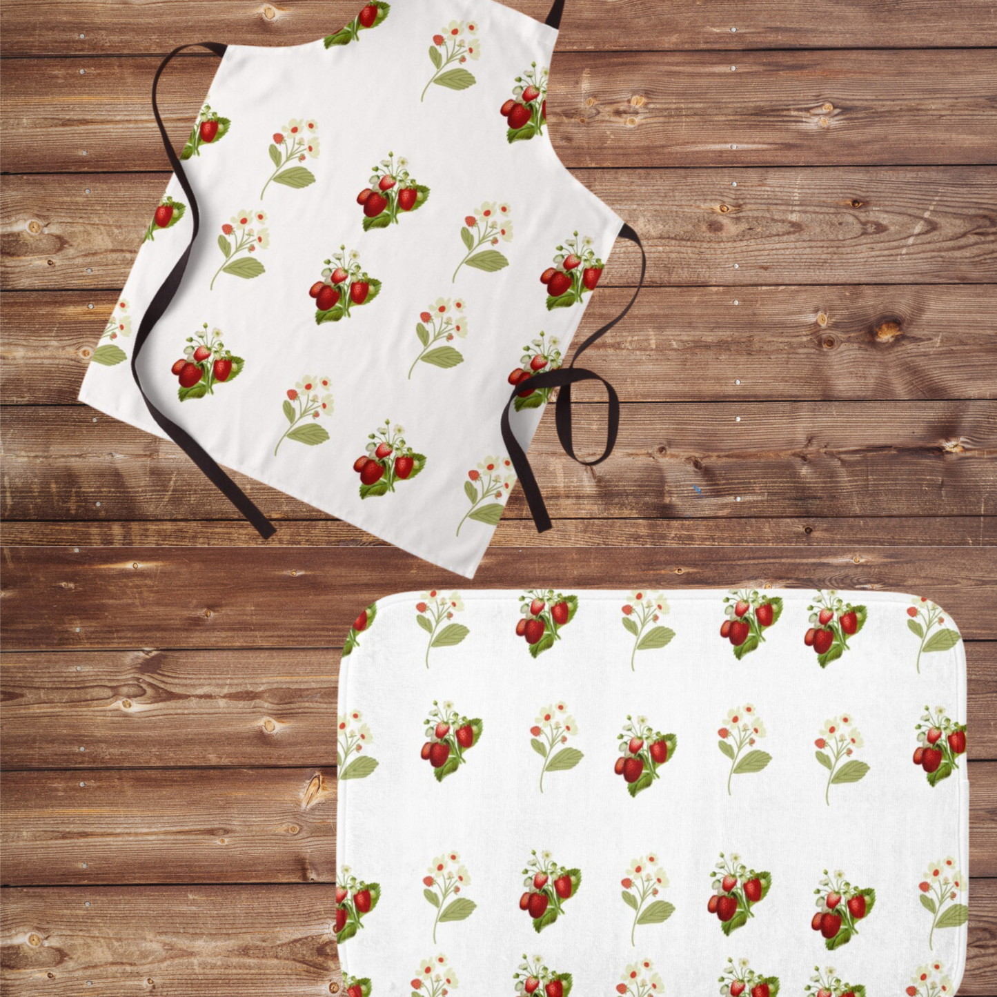 Nostalgic Strawberry Print Apron with matching Kitchen rug.