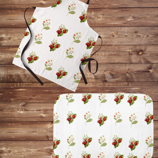 Nostalgic Strawberry Print Apron with matching Kitchen rug.