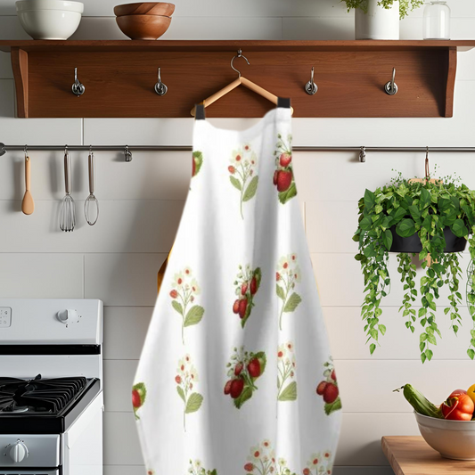 A nostalgic strawberry print apron hanging in a kitchen