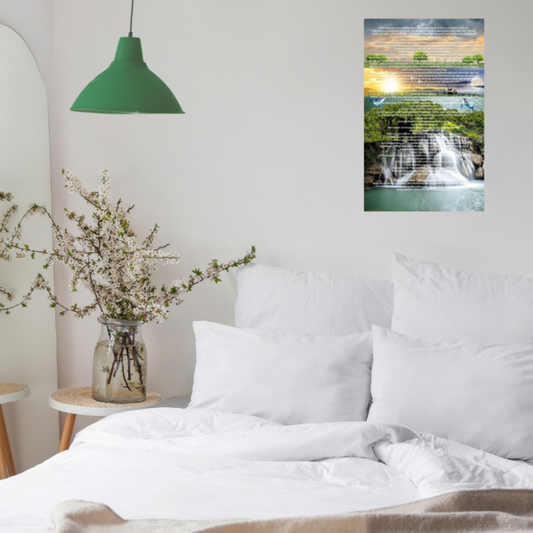 Creation Story Canvas wall art shown in a cozy bedroom with a hanging green glass light
