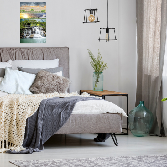 Shown in a coastal bedroom with blue glassware.