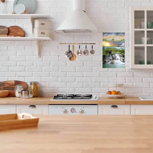 Shown in a modern farmhouse style white kitchen.