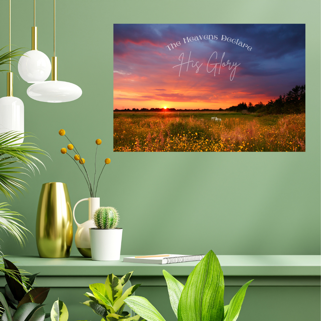 Faith Based wall art The Heavens Declare shown on a pale green wall