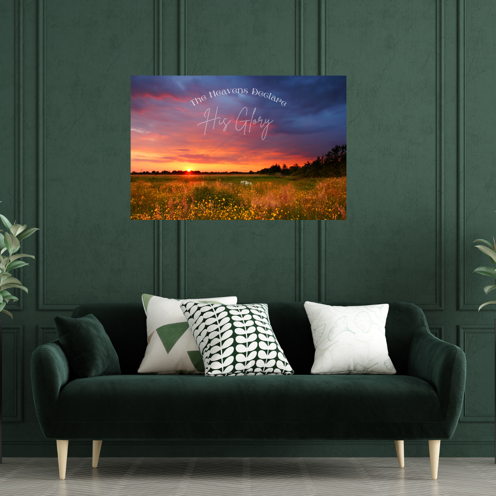 Faith Based wall art The Heavens Declare His Glory shown in a dark green luxe living room with a dark green sofa
