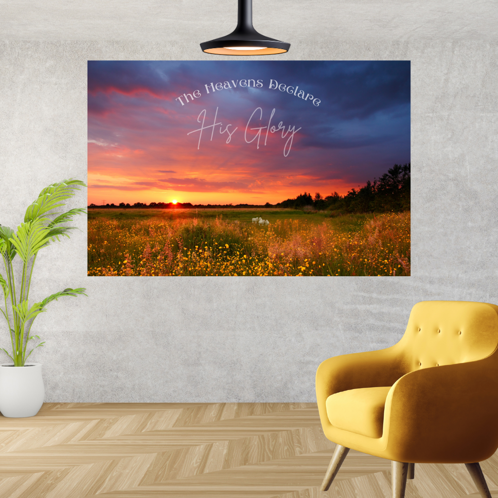 Faith Based wall art The Heavens Declare shown in a room with a comfy gold chair and a light hanging over it