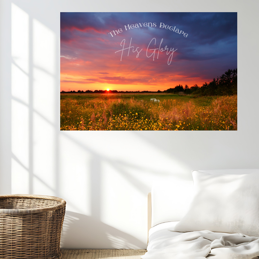 Faith Based wall art The Heavens Declare shown in a bright sunlit bedroom with a basket on the floor.