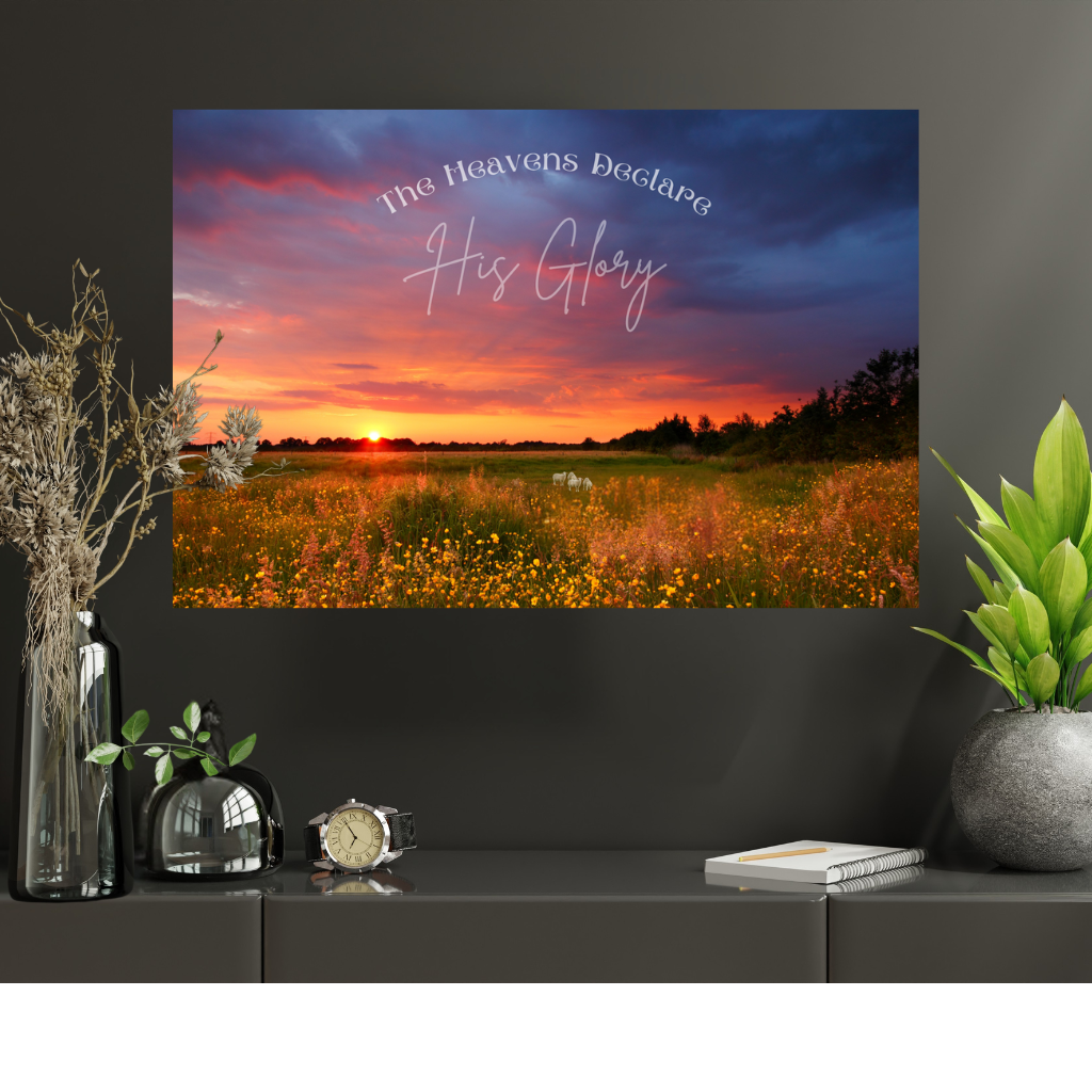 Faith Based wall art The Heavens Declare shown on a dark gray wall