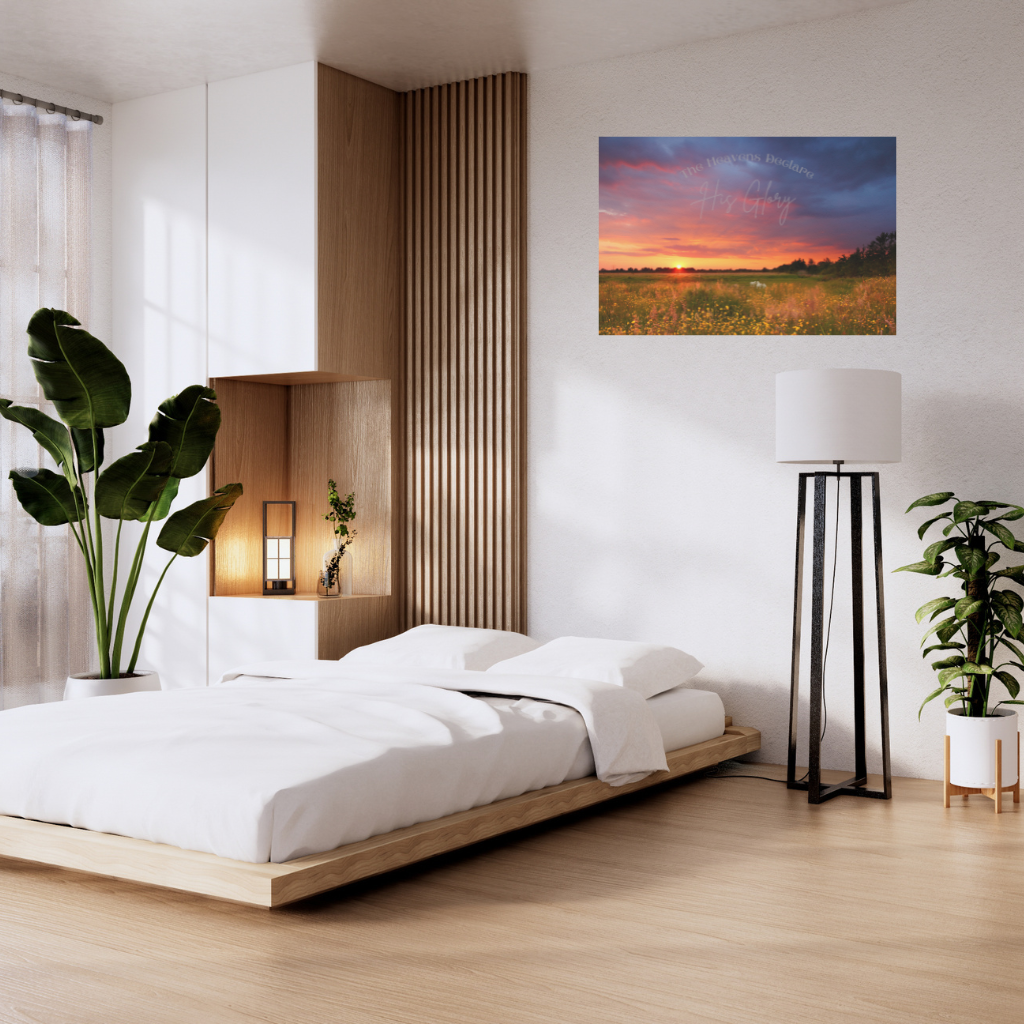 Wall Decor- The heavens declare his glory shown in a modern main bedroom