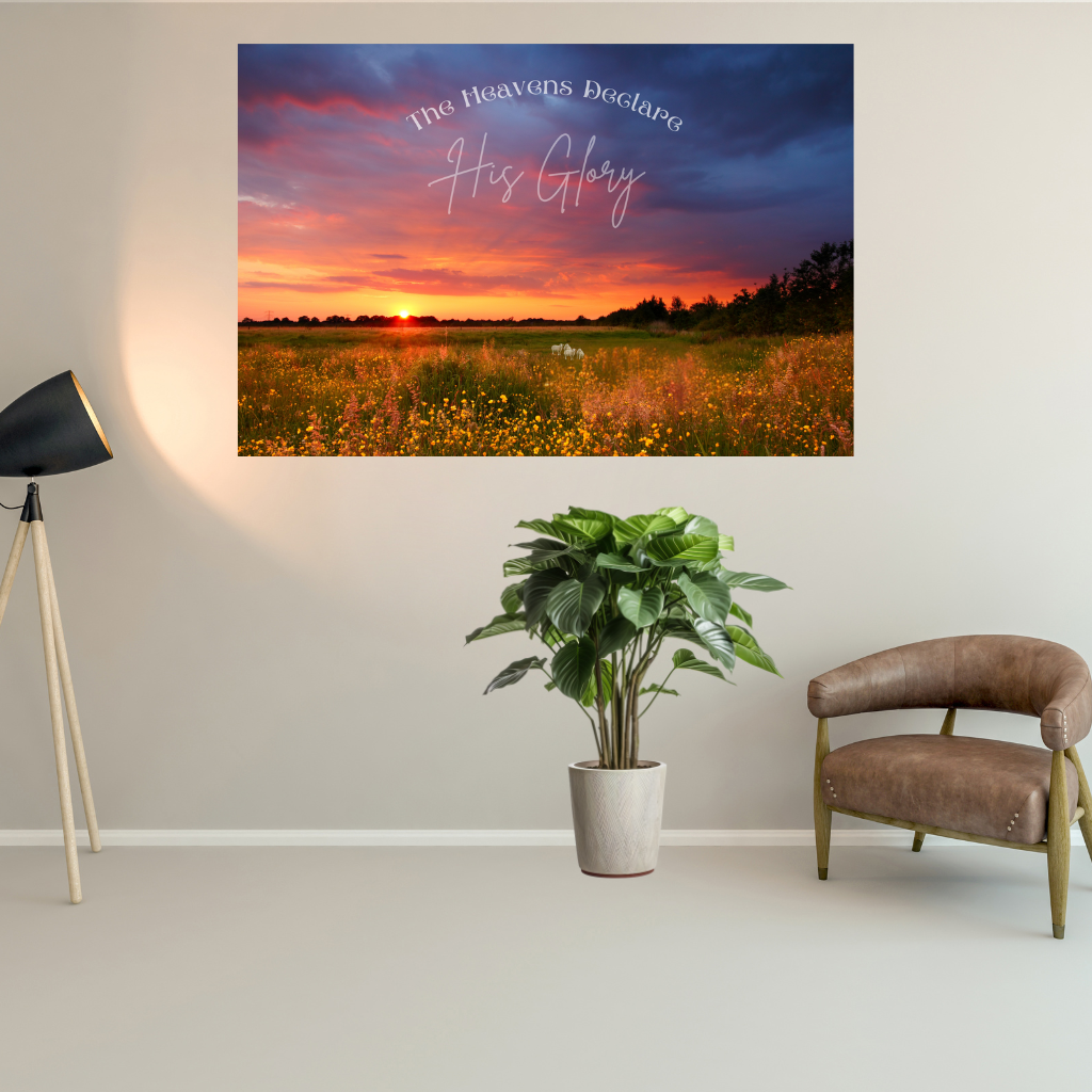 Faith Based wall art The Heavens Declare shown in a room with a chair and a lamp