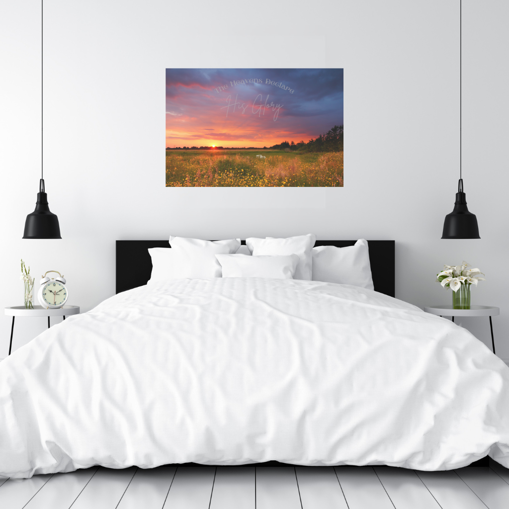 Wall Decor- The heavens declare his glory shown in a modern farmhouse style bedroom.