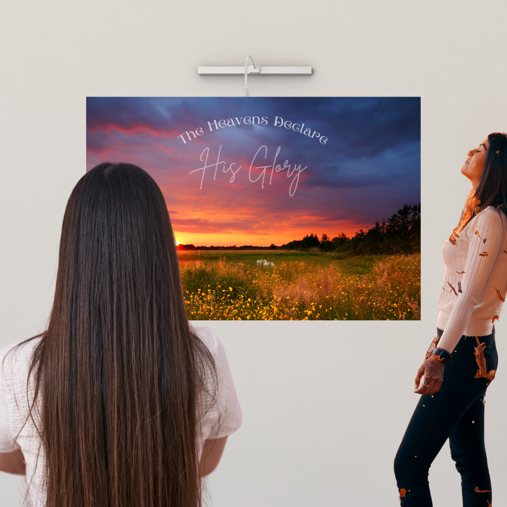 Faith Based wall art The Heavens Declare shown in a gallery setting with people admiring it