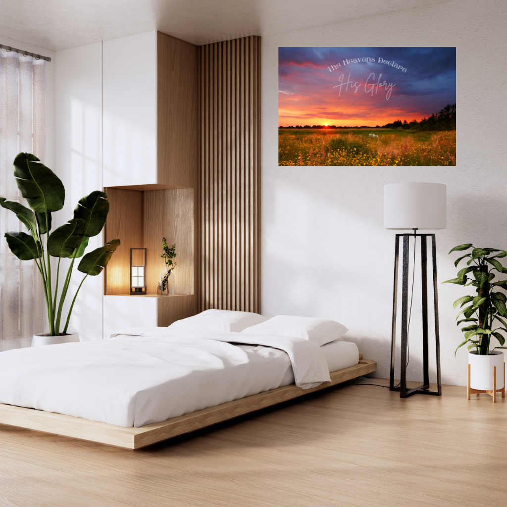 Faith Based wall art The Heavens Declare shown in a contemporary main bedroom