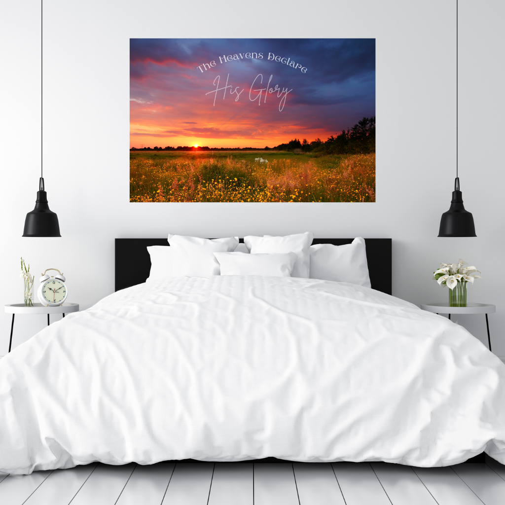 Faith Based wall art The Heavens Declare shown in a comfy black and white main bedroom
