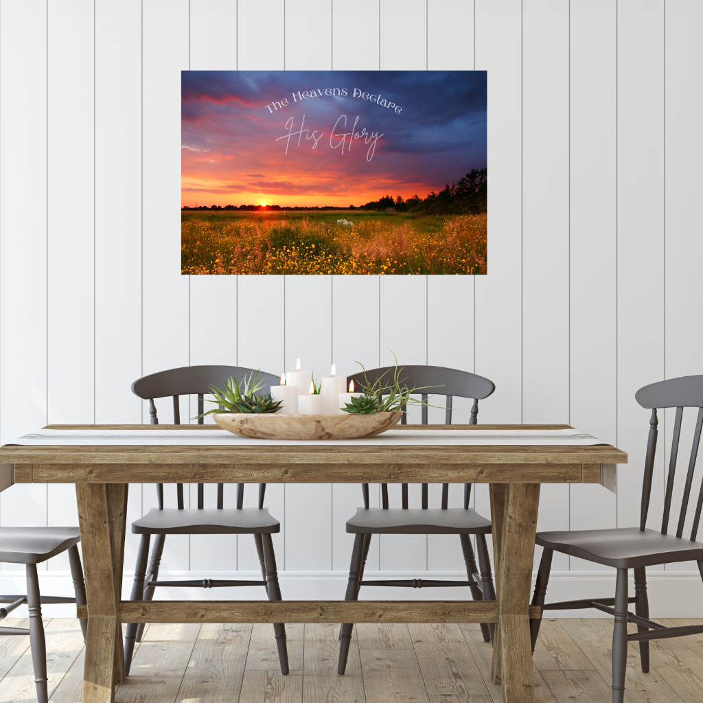 Faith Based wall art The Heavens Declare shown in a modern farmhouse dining room