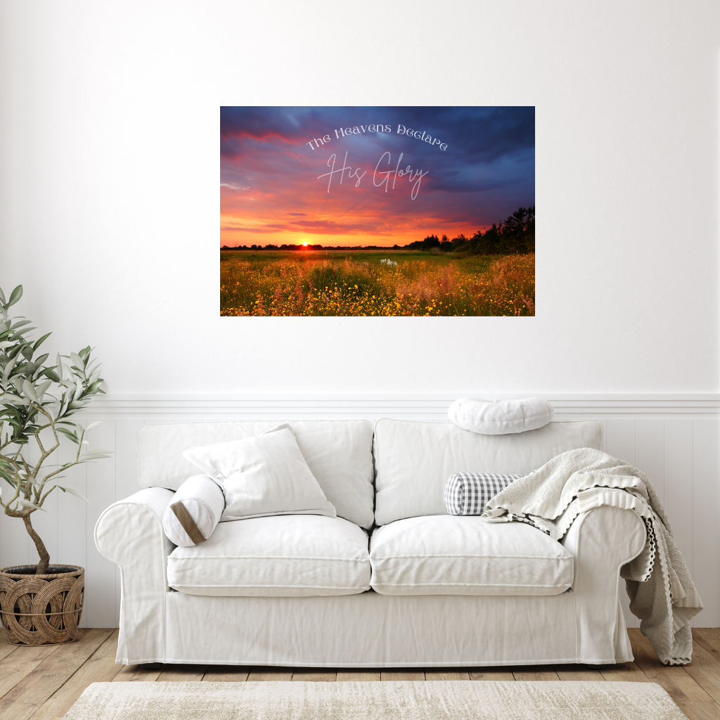 Faith Based wall art The Heavens Declare shown in a living room with a white sofa