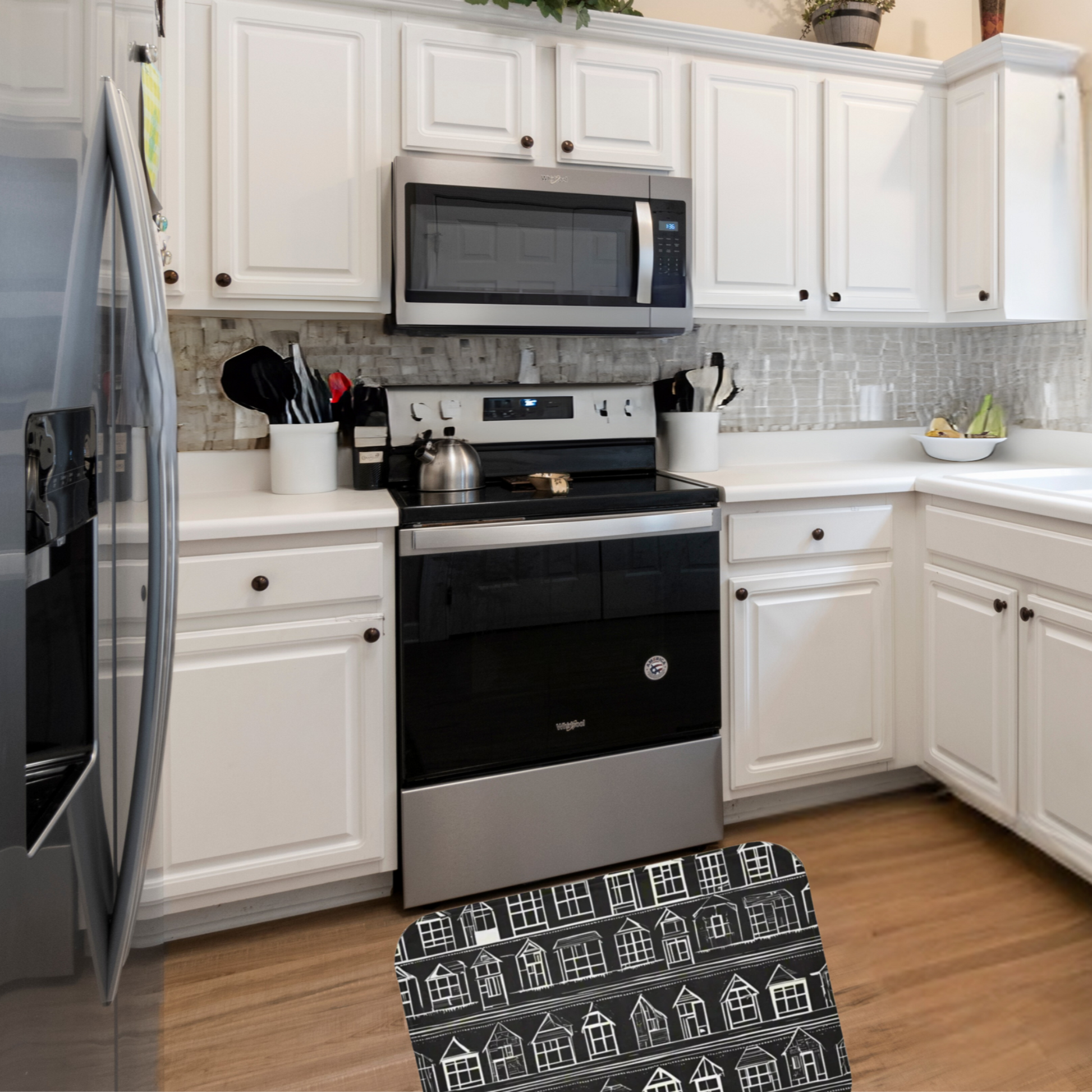 Our farmhouse rug home sweet home shown in a  kitchen setting