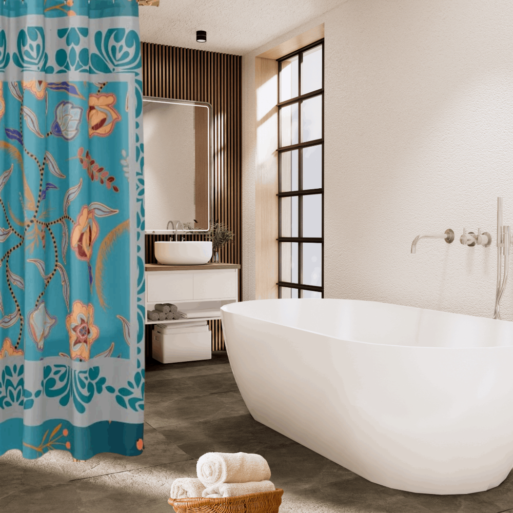 Bathroom with a floral shower curtain and a freestanding bathtub.