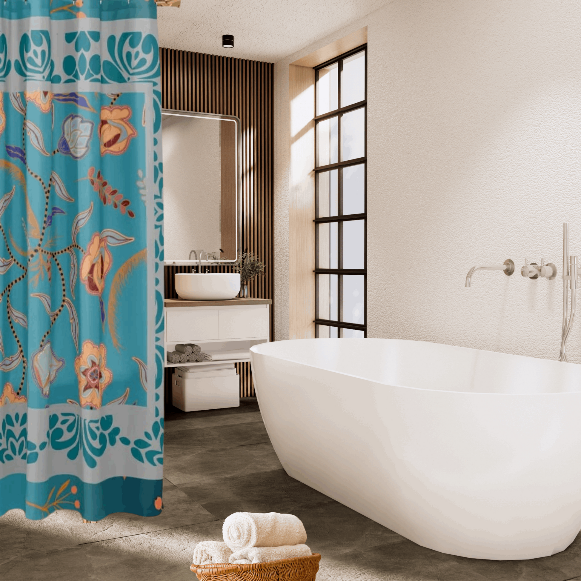 Bathroom with a floral shower curtain and a freestanding bathtub.