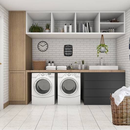 Black with White print shown in a modern farmhouse syle laundry room