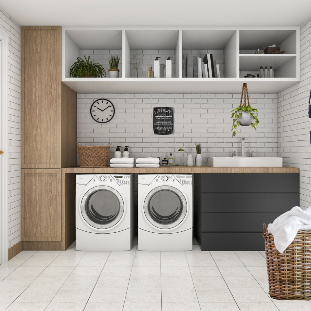 Laundry while you wait sign shown in a modern laundry room with washing machines, shelves, and decor