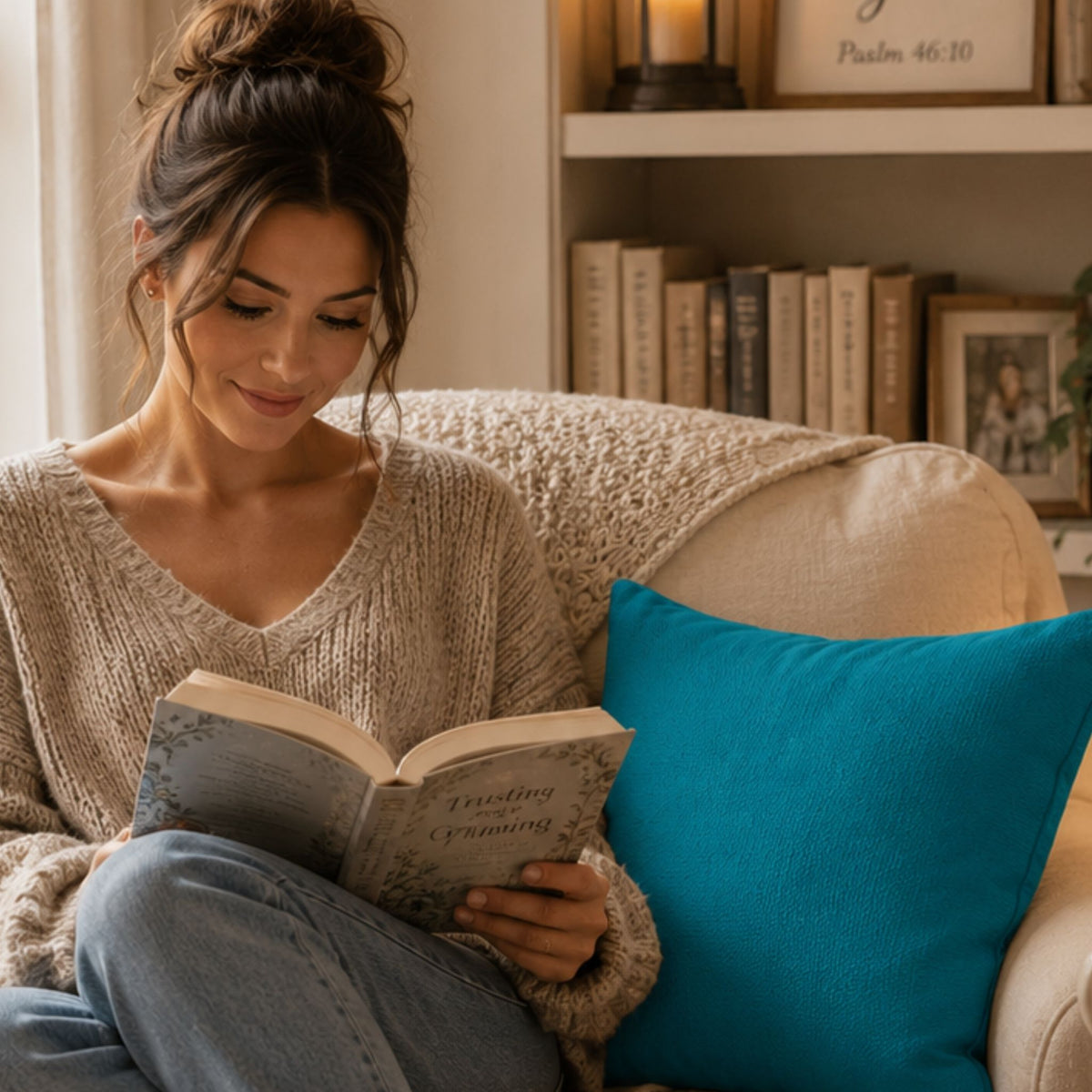 A woman sits on a cream-colored couch reading a book, wearing a beige knit sweater and blue jeans, with a bright blue pillow next to her and a bookshelf in the background.