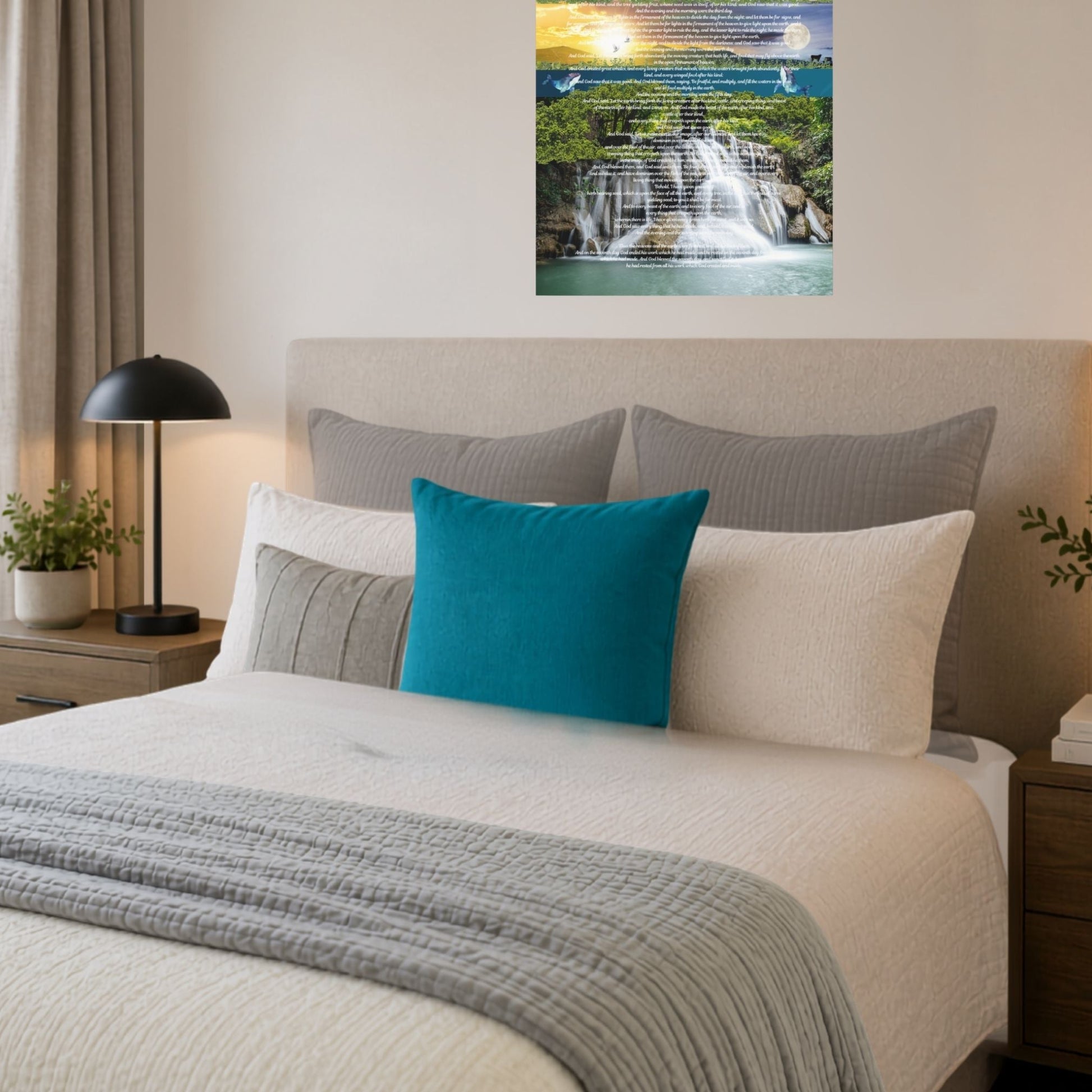 teal pillow shown in a contemporary   bedroom with a beautiful print above the bed