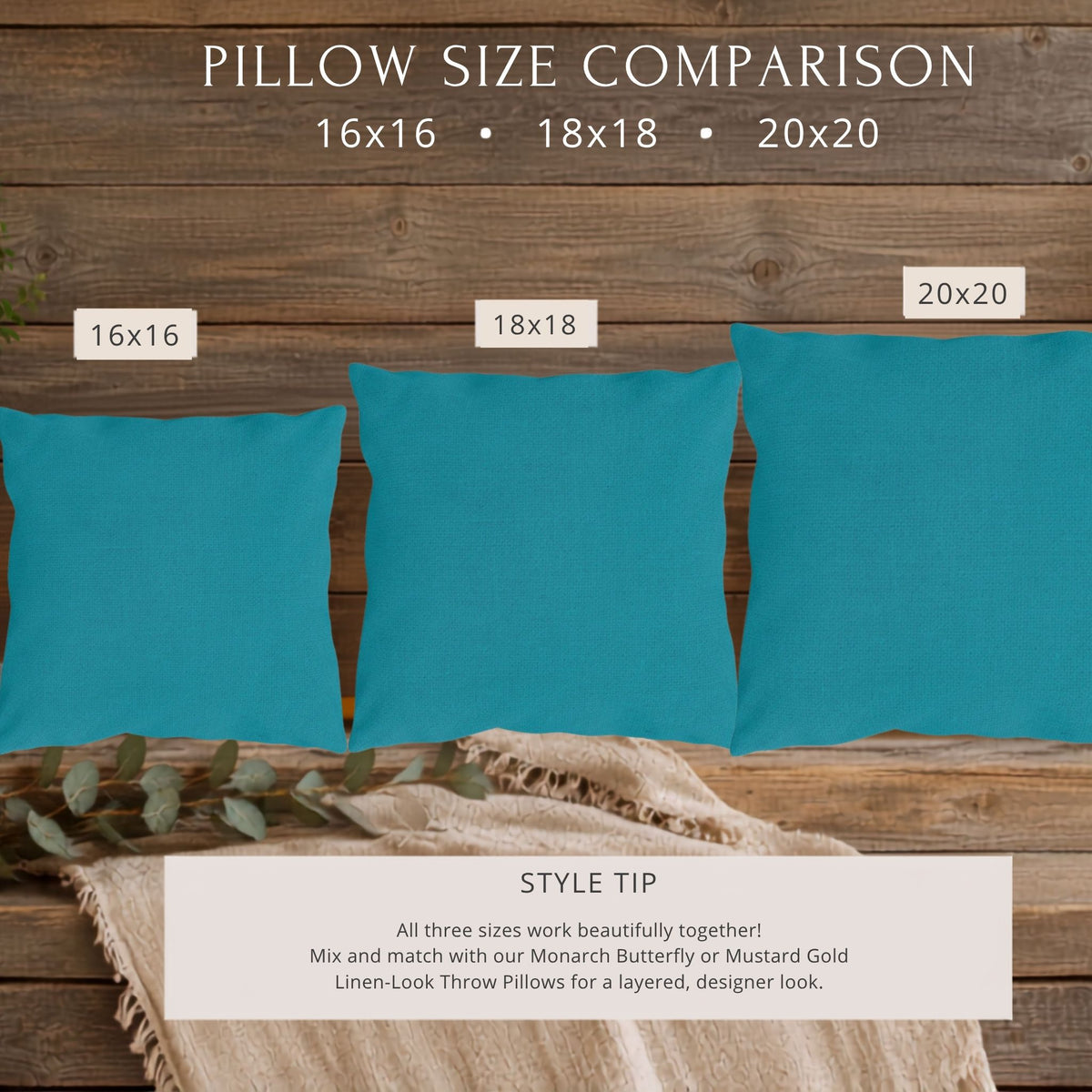 teal pillow size chart showing three sizes