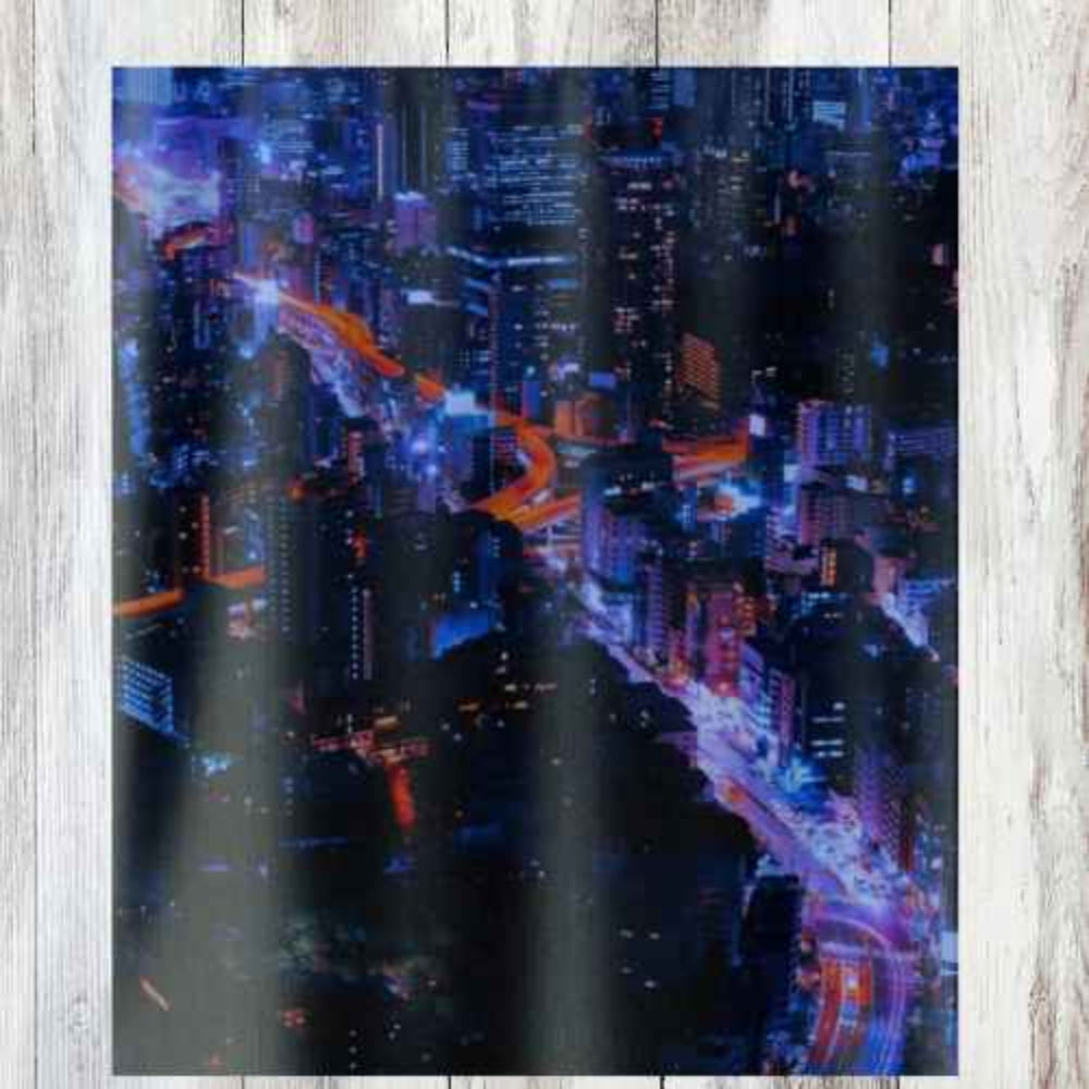 Aerial view of Tokyo skyline shown on a shower curtain