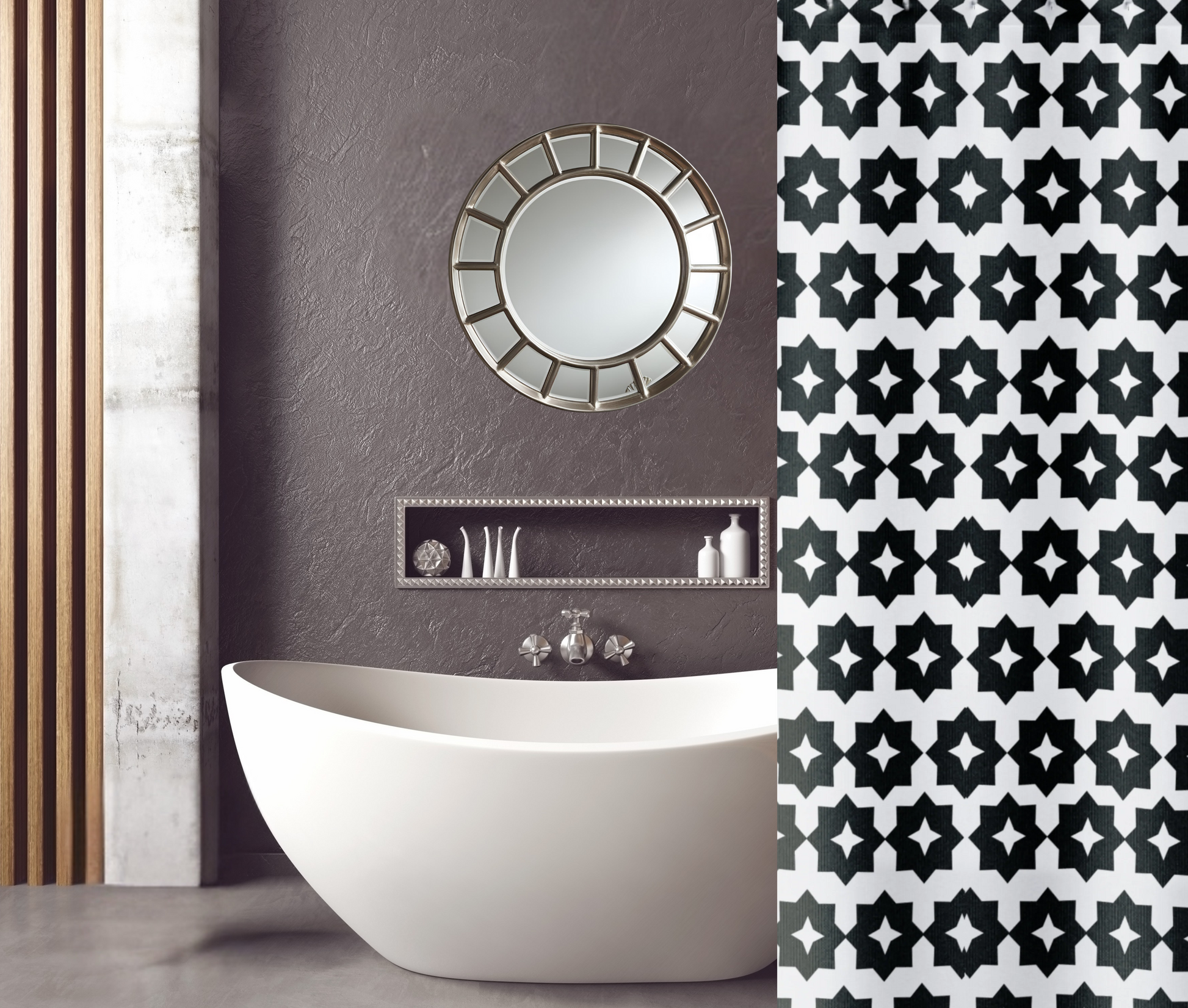 A black and white geometric shower curtain shown in a gorgeous bathroom setting