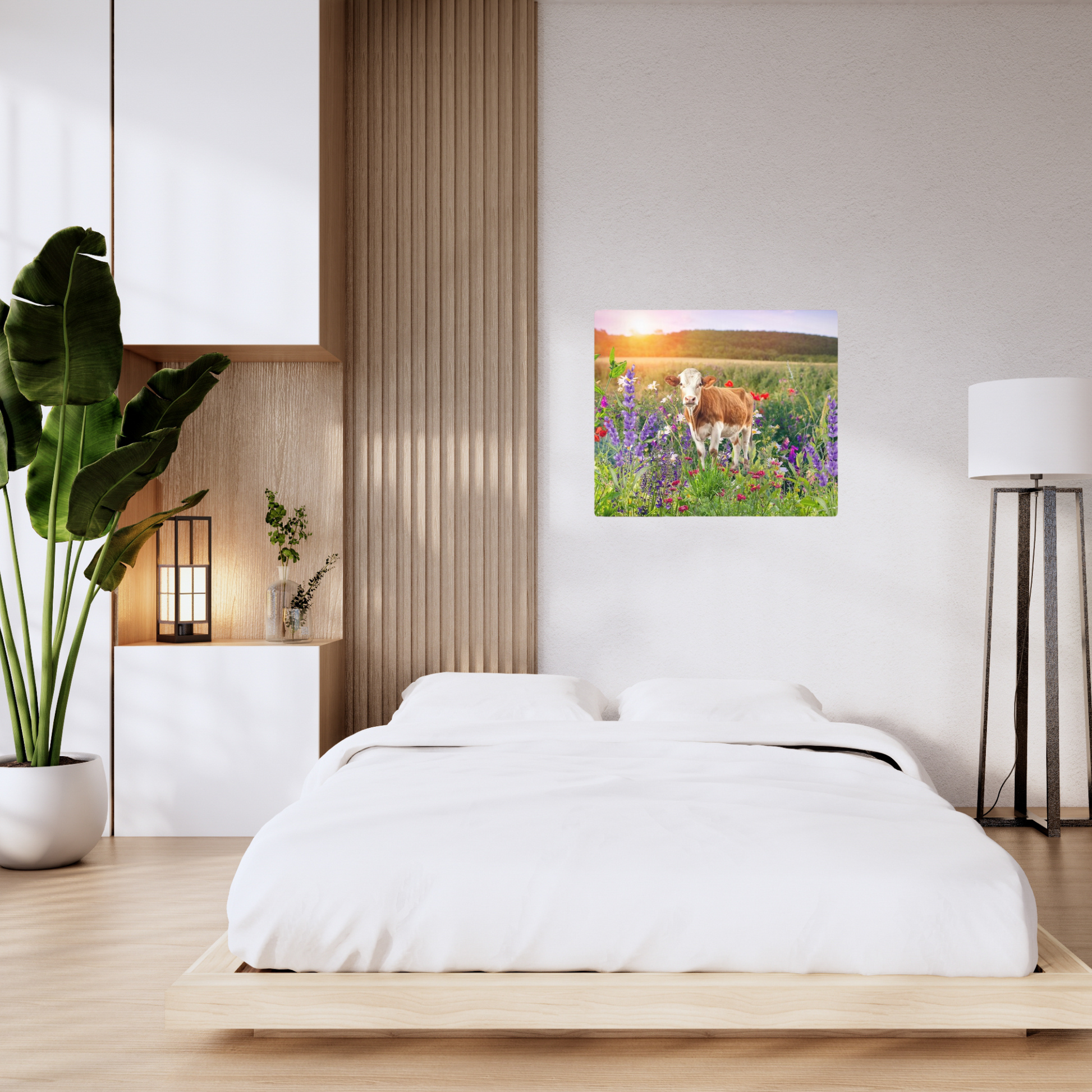 colorful floral landscape with red holstein cow