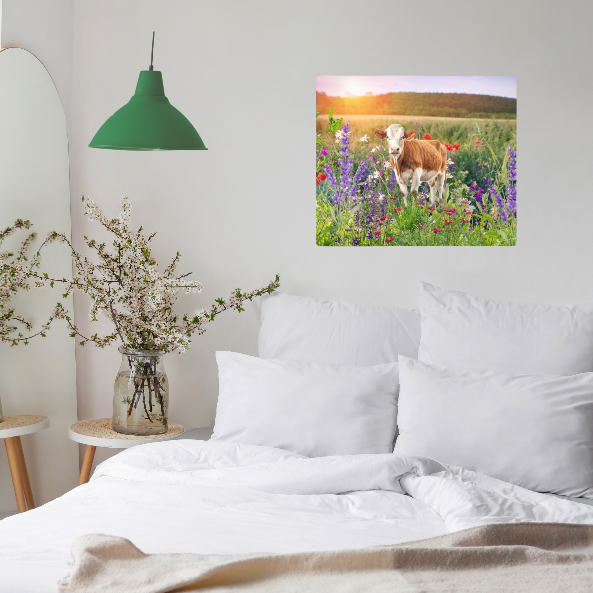 colorful floral landscape with red holstein cow