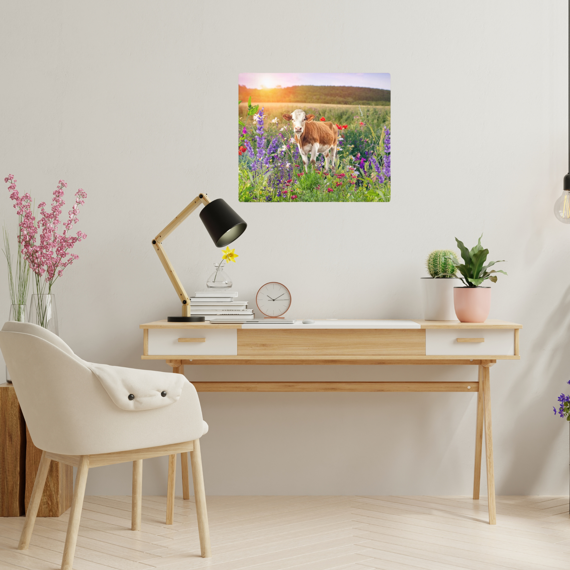 colorful floral landscape with red holstein cow