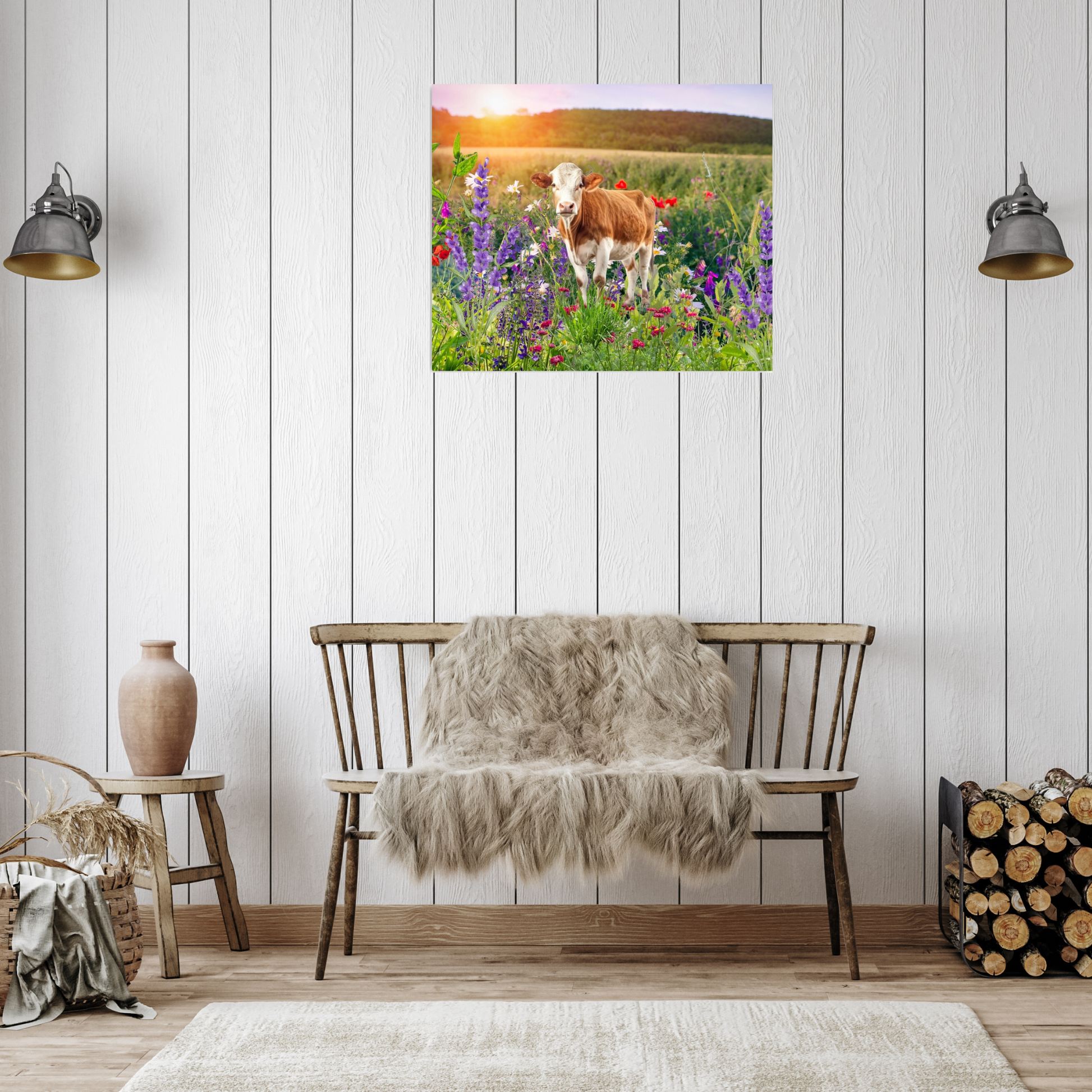 Bright floral landscape with red and white holstein cow
